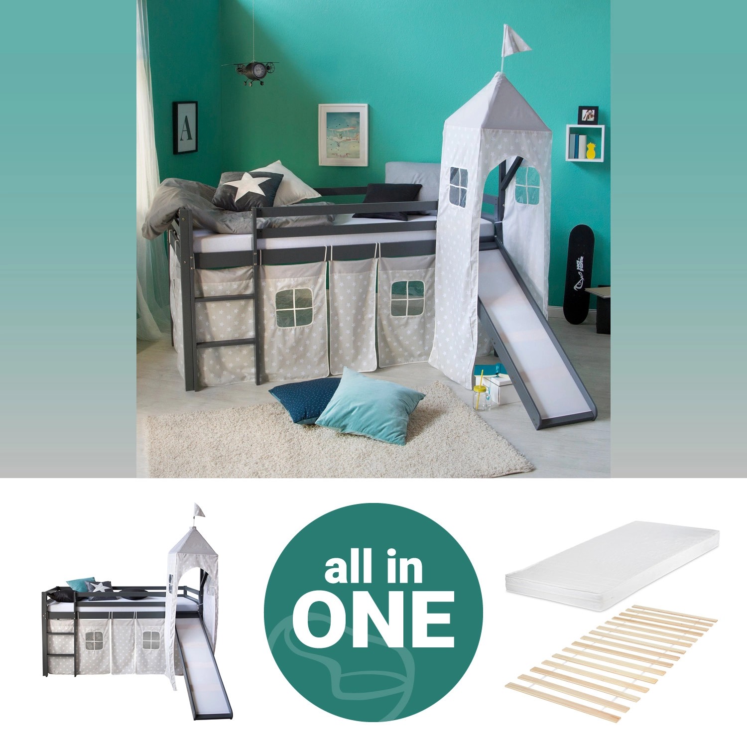 Homestyle4u Kinderhochbett 90x200 Grau mit Lattenrost Rutsche Matratze 2786 Homestyle4u Kinderhochbett 90x200 Grau mit Lattenrost Rutsche Matratze 2786 von Homestyle4u