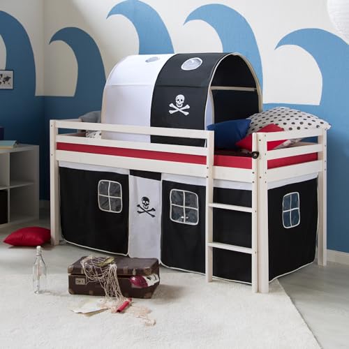 Homestyle4u Kinderhochbett Pirat weiß schwarz 90 x 200 cm Holz Kinderbett mit Leiter Tunnel Matratze Lattenrost von Homestyle4u