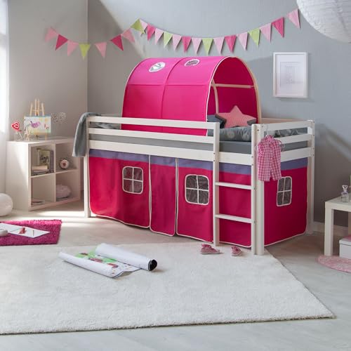 Homestyle4u Kinderhochbett Weiß 90 x 200cm Holz Kiefer Hochbett pink mit Vorhang Leiter Tunnel Matratze Lattenrost von Homestyle4u