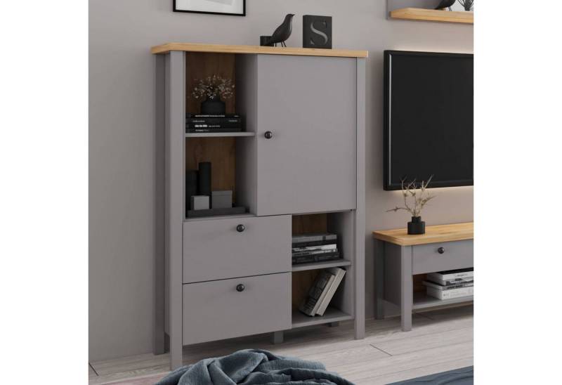 Homestyle4u Kommode Highboard Grau Wohnzimmerschrank Holz 4 offene Fächer, 2 geschlossene Fächer, 2 Schubladen, schwarze Griffe von Homestyle4u