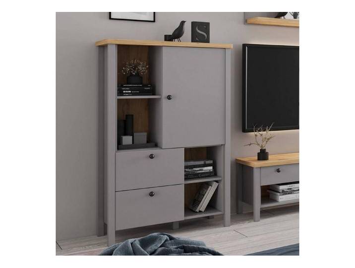 Homestyle4u Kommode Highboard Grau Wohnzimmerschrank Holz 4 offene Fächer, 2 geschlossene Fächer, 2 Schubladen, schwarze Griffe, grau von Homestyle4u