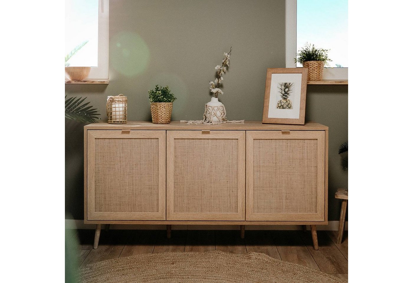 Homestyle4u Kommode Sideboard Kommode Wohnzimmerschrank Anrichte Braun Rafia Holz von Homestyle4u