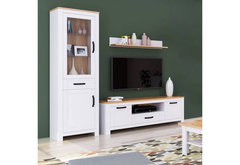 Homestyle4u Kommode Vitrine Highboard Wohnzimmerschrank Weiß Landhaus Glas, Glastür, Schublade, 2 geschlossene Fächer, schwarze Griffe von Homestyle4u