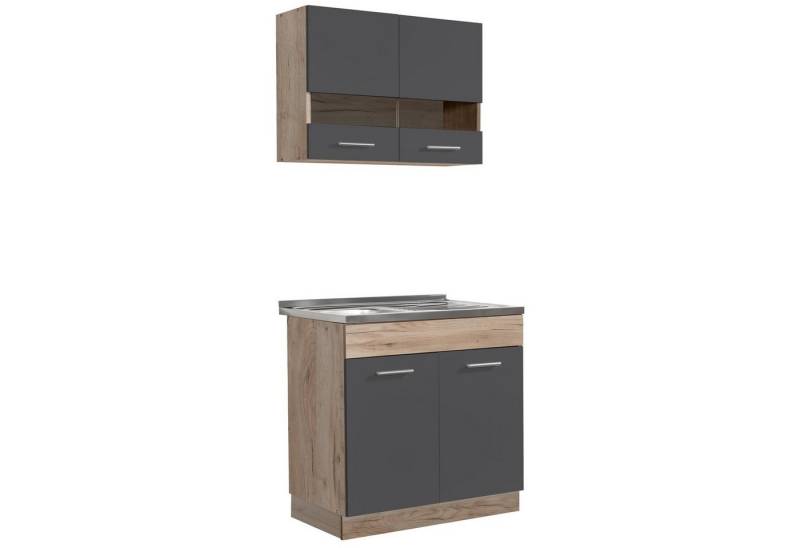 Homestyle4u Küchenzeile 80 cm ohne Geräte klein Singleküche Küchenschränke matt Eiche Glas, (Oberschränke, Unterschränke), Küchenblock, Grau und Braun, Einbauküche von Homestyle4u