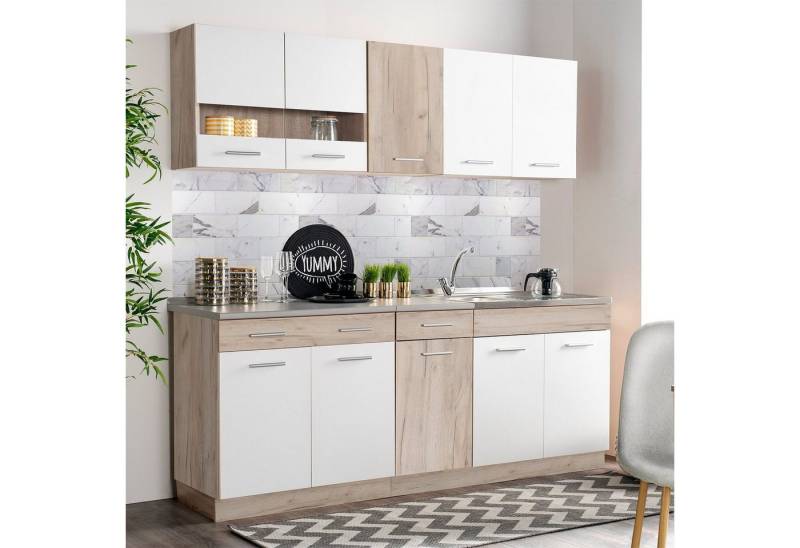 Homestyle4u Küchenzeile 200 cm ohne Geräte Singleküche Küchenschränke Weiß matt Eiche Braun, (Oberschränke, Unterschränke, 2 Arbeitsplatten, Einbauküche), Küchenblock, Einbauküche von Homestyle4u