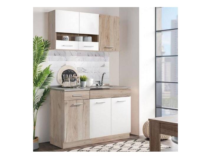 Homestyle4u Küchenzeile 120 cm ohne Geräte Singleküche Küchenschränke Weiß matt Eiche Braun, (Oberschränke, Unterschränke, 2 Arbeitsplatten, Einbauküche), Küchenblock, Einbauküche von Homestyle4u