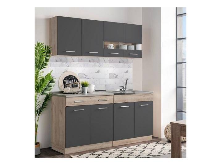 Homestyle4u Küchenzeile 160 cm ohne Geräte klein Einbauküche Grau matt Eiche Glas Braun, (Oberschränke, Unterschränke, Arbeitsplatte), Küchenblock von Homestyle4u