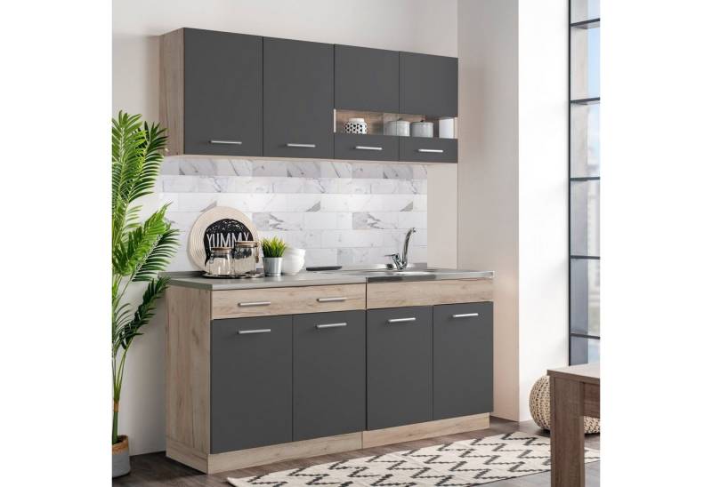 Homestyle4u Küchenzeile 160 cm ohne Geräte klein Einbauküche Grau matt Eiche Glas Braun, (Oberschränke, Unterschränke, Arbeitsplatte, Singkleküche), Küchenblock, Singleküche von Homestyle4u