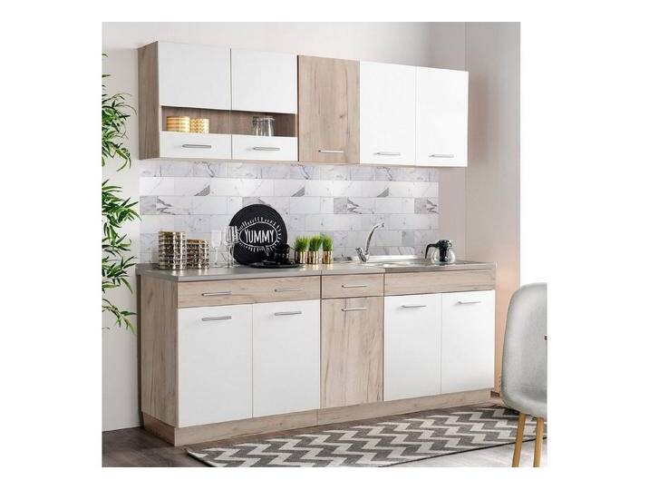 Homestyle4u Küchenzeile 200 cm ohne Geräte Singleküche Küchenschränke Weiß matt Eiche Braun, (Oberschränke, Unterschränke, 2 Arbeitsplatten) von Homestyle4u