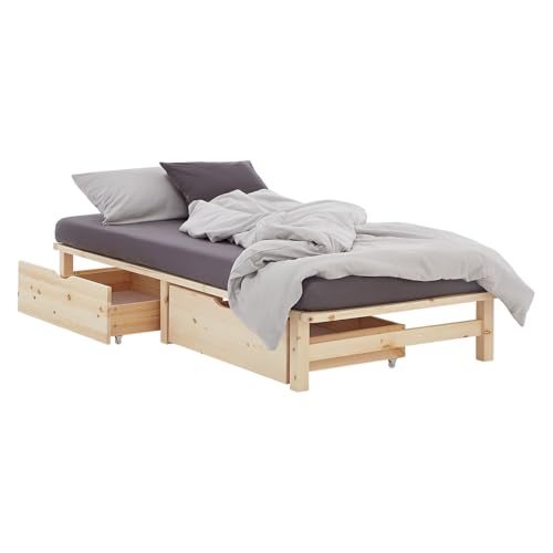 Homestyle4u Massivholzbett 90x200 mit Schubladen Palettenbett Matratze Holzbett mit Stauraum Kiefer Natur Gästebett von Homestyle4u