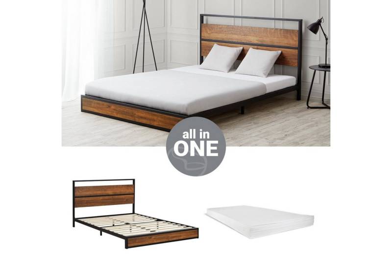 Homestyle4u Metallbett 140x200 Holz Doppelbett mit Kopfteil Schwarz Kiefer (Komplett-Set mit Lattenrost, Matratze mit OEKO-TEX® Standard 100), Metal von Homestyle4u