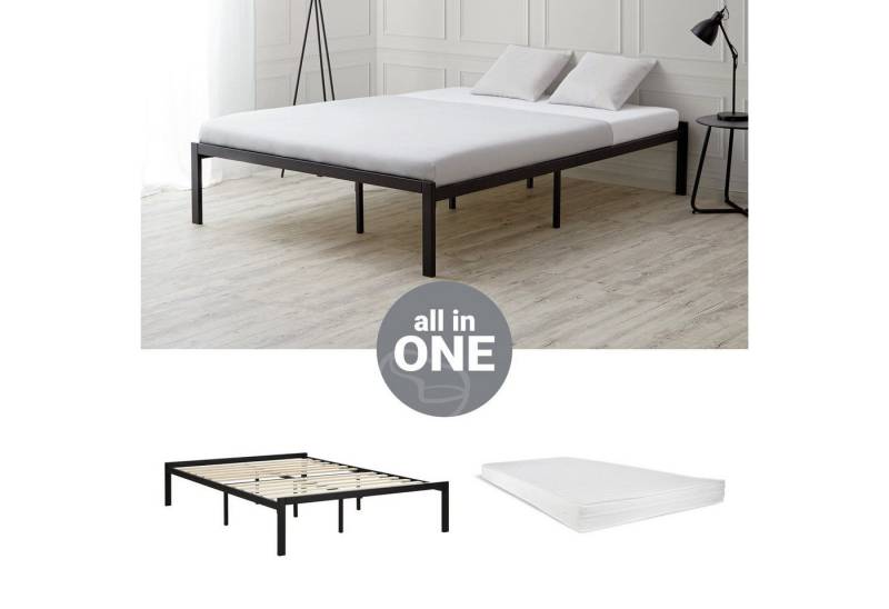 Homestyle4u Metallbett 90x200 140x200 Schwarz Bettgestell vintage Bodenfreiheit 38 cm (Set, mit Lattenrost und Matratze, mit Lattenrost und Matratze), Metall von Homestyle4u