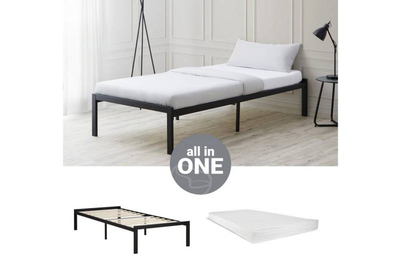 Homestyle4u Metallbett 90x200 140x200 Schwarz Bettgestell vintage Bodenfreiheit 38cm, mit Lattenrost und Matratze von Homestyle4u