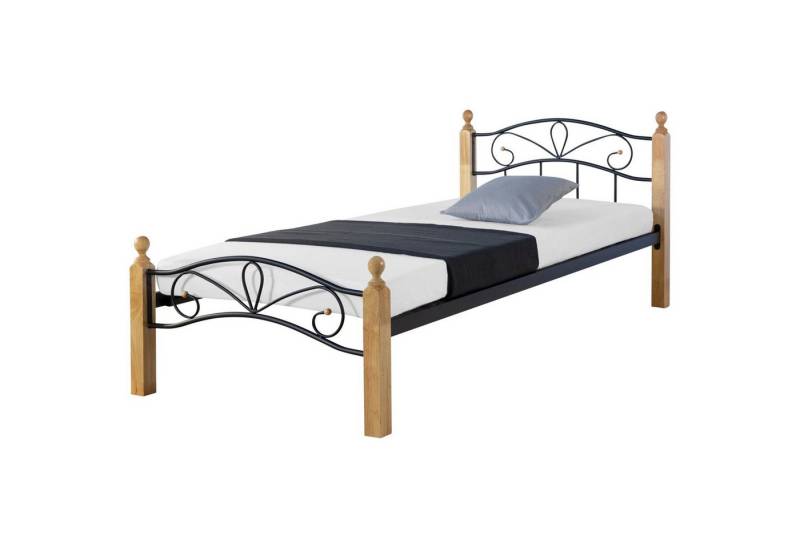 Homestyle4u Metallbett 90x200 Einzelbett Schwarz Braun mit Kopfteil (Set, Bettgestell mit Lattenrost und Matratze, Set, Bettgestell mit Lattenrost und Matratze) von Homestyle4u