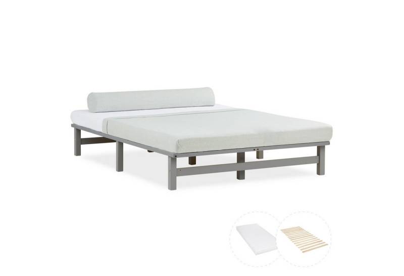 Homestyle4u Palettenbett 90x200/100x200/140x200 Palettenbett Massivholzbett Einzelbett, modern (Komplett-Set mit Lattenrost, 3-tlg., Matratze mit OEKO-TEX® Standard 100), Grau, Doppelbett, lackiert von Homestyle4u