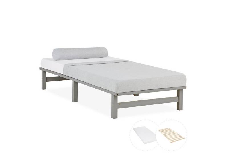 Homestyle4u Palettenbett 90x200/100x200/140x200 Palettenbett Massivholzbett Einzelbett, modern (Komplett-Set mit Lattenrost, 3-tlg., inklusive Matratze mit OEKO-TEX® Standard 100), Grau, lackiert von Homestyle4u