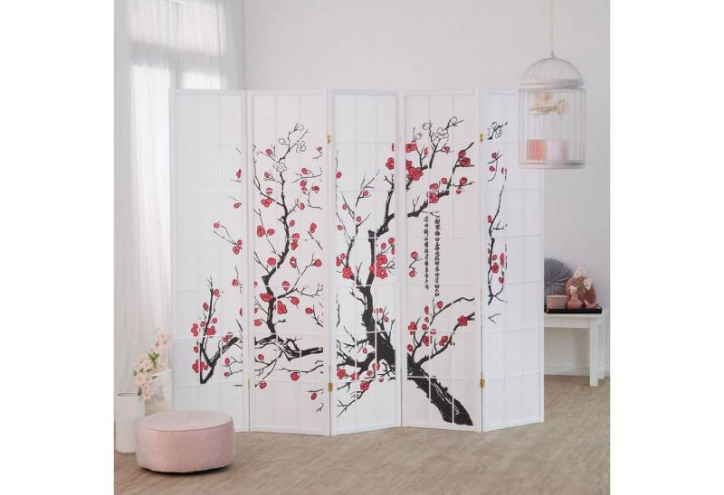 Homestyle4u Paravent Raumteiler Kirschmuster Kirschblüten Weiß Sichtschutz Indoor Holz, 5-teilig, faltbar von Homestyle4u