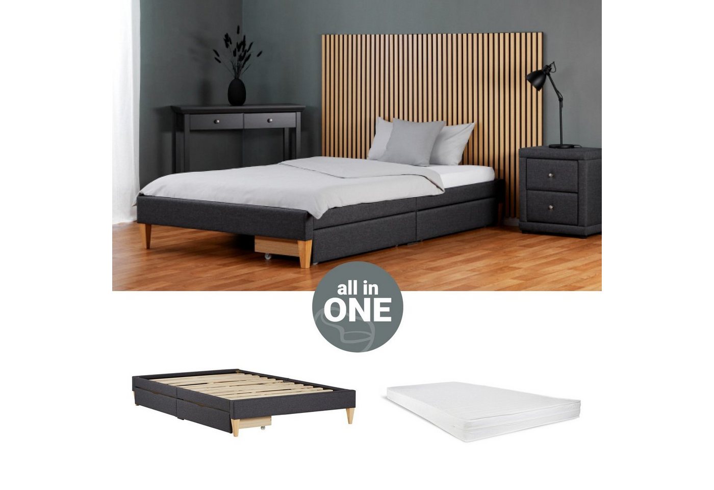 Homestyle4u Polsterbett 90x200 oder 140x200 Grau Bettgestell Holz ohne Kopfteil (Set, mit Lattenrost, Matratze und 2x Bettkasten), mit Stauraum (2 Bettkästen/Schubladen) von Homestyle4u