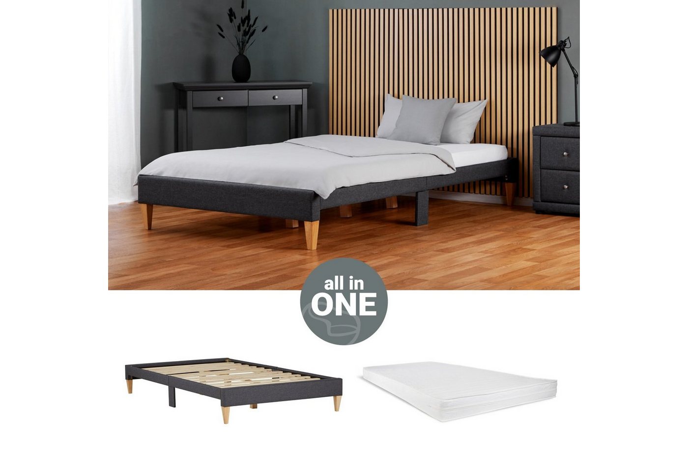 Homestyle4u Polsterbett 90x200 oder 140x200 Grau Bettgestell Holz ohne Kopfteil (Komplett-Set mit Lattenrost, Matratze mit OEKO-TEX® Standard 100), mit Matratze von Homestyle4u