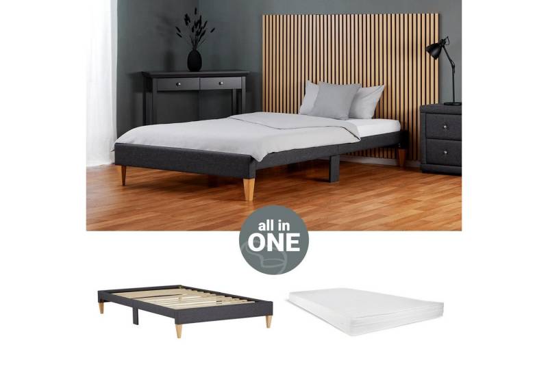 Homestyle4u Polsterbett 90x200 oder 140x200 Grau Bettgestell Holz ohne Kopfteil (Komplett-Set mit Lattenrost, Matratze mit OEKO-TEX® Standard 100), mit Matratze von Homestyle4u