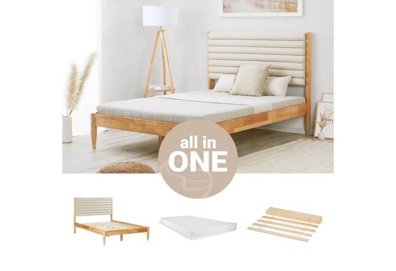 Homestyle4u Polsterbett 140x200 Doppelbett weicher Bouclé Beige Holzbett elegant Wellenoptik (Komplett-Set mit Lattenrost, mit Matratze mit OEKO-TEX® Standard 100), Teddystoff/Teddyplüsch, Kopfteil von Homestyle4u