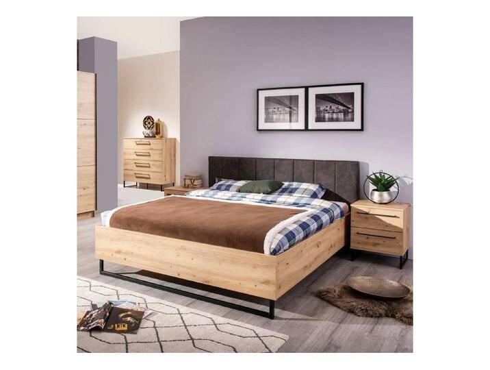 Homestyle4u Polsterstuhl 160/180 x 200 cm Polsterbett Industrial mit Kopfteil Braun (Set), Maserung in Eichenholz Optik, braun, 160x200 cm von Homestyle4u