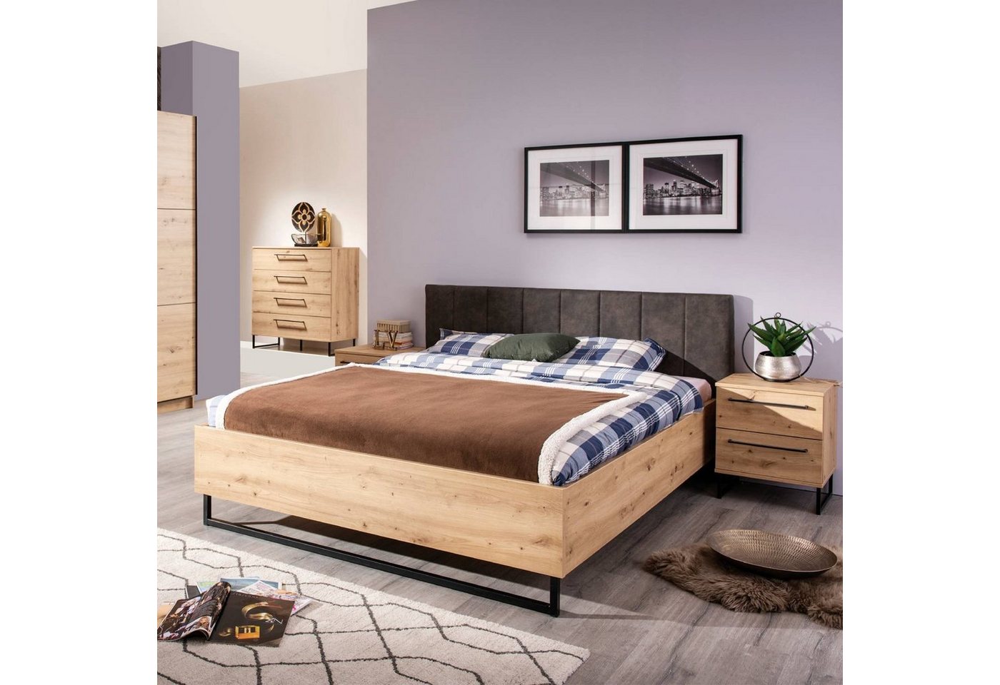 Homestyle4u Polsterstuhl 160/180 x 200 cm Polsterbett Industrial mit Kopfteil Braun (Set), Maserung in Eichenholz Optik von Homestyle4u