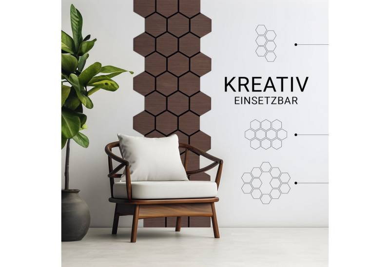 Homestyle4u Wandpaneel je 76x62 cm Hexagon Wand Akustikpaneele Holz Schallschutz Filz Paneele, (4er Set, 4-tlg., 4 Akustikpaneele, Garderobe, Flur) 3D Akustik Paneel Dunkelbraun/Walnuss zum Kleben oder Bohren von Homestyle4u