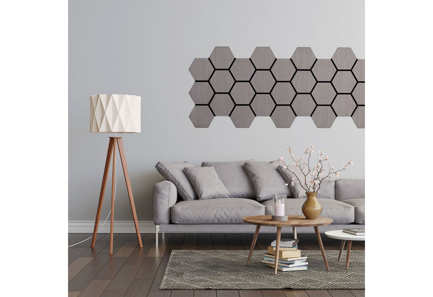 Homestyle4u Wandpaneel 76x62 cm Hexagon 4er/8er Set Akustikpaneel Holz Schallschutz Filz, (4-tlg) 4er Set 3D Grau zum Kleben oder Bohren von Homestyle4u