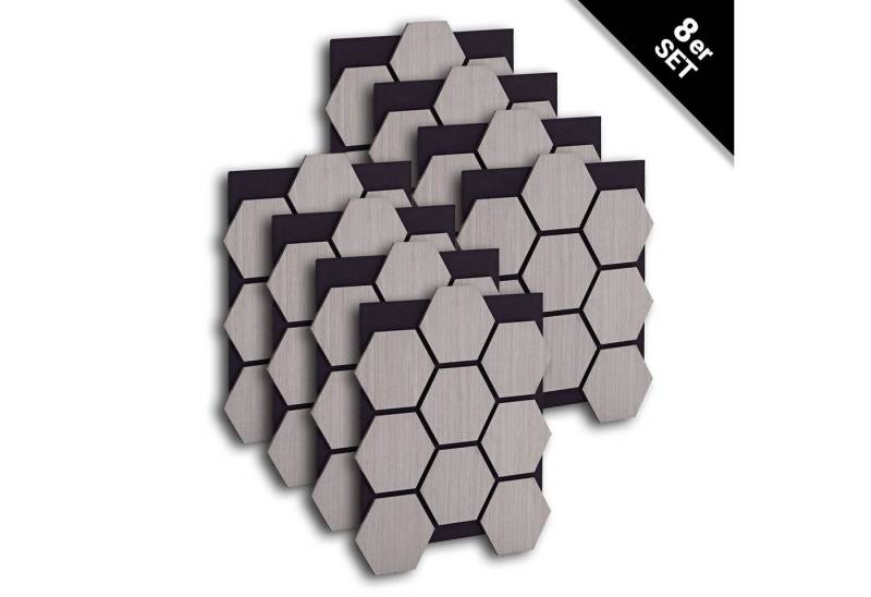 Homestyle4u Wandpaneel je 76x62 cm Hexagon Wand Akustikpaneele Holz Schallschutz Filz Paneele, (8er Set, 8-tlg., 8 Akustikpaneele, Garderobe, Flur) 3D Akustik Paneel Grau zum Kleben oder Bohren von Homestyle4u