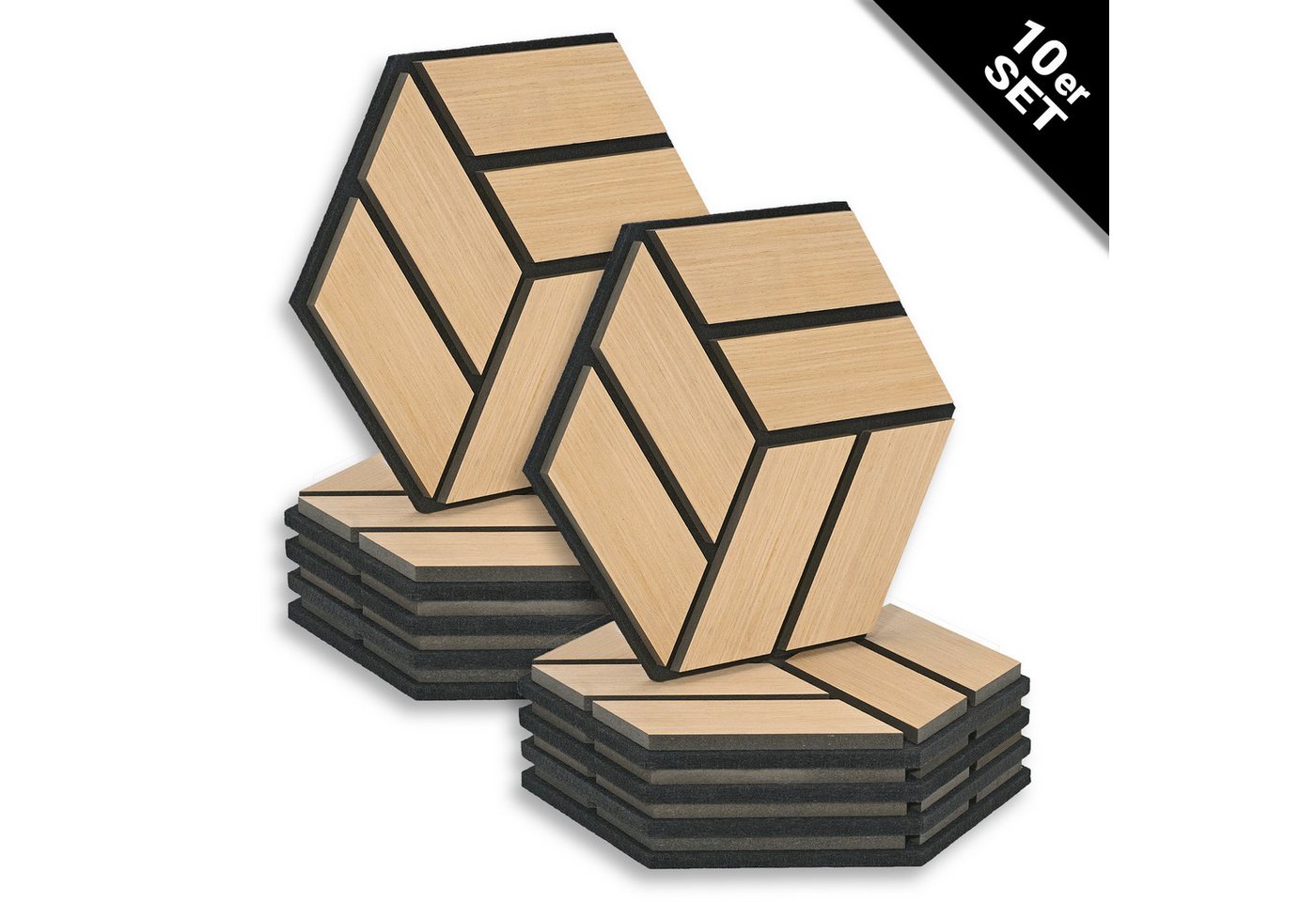 Homestyle4u Wandpaneel je 30x26 Hexagon Akustikpaneele Holz Schallschutz Filz Wand modern, (Set, 10er Set Akustikpaneele, 10-tlg) 3D Akustik Paneel Wandpaneel in Eiche zum Kleben oder Bohren von Homestyle4u
