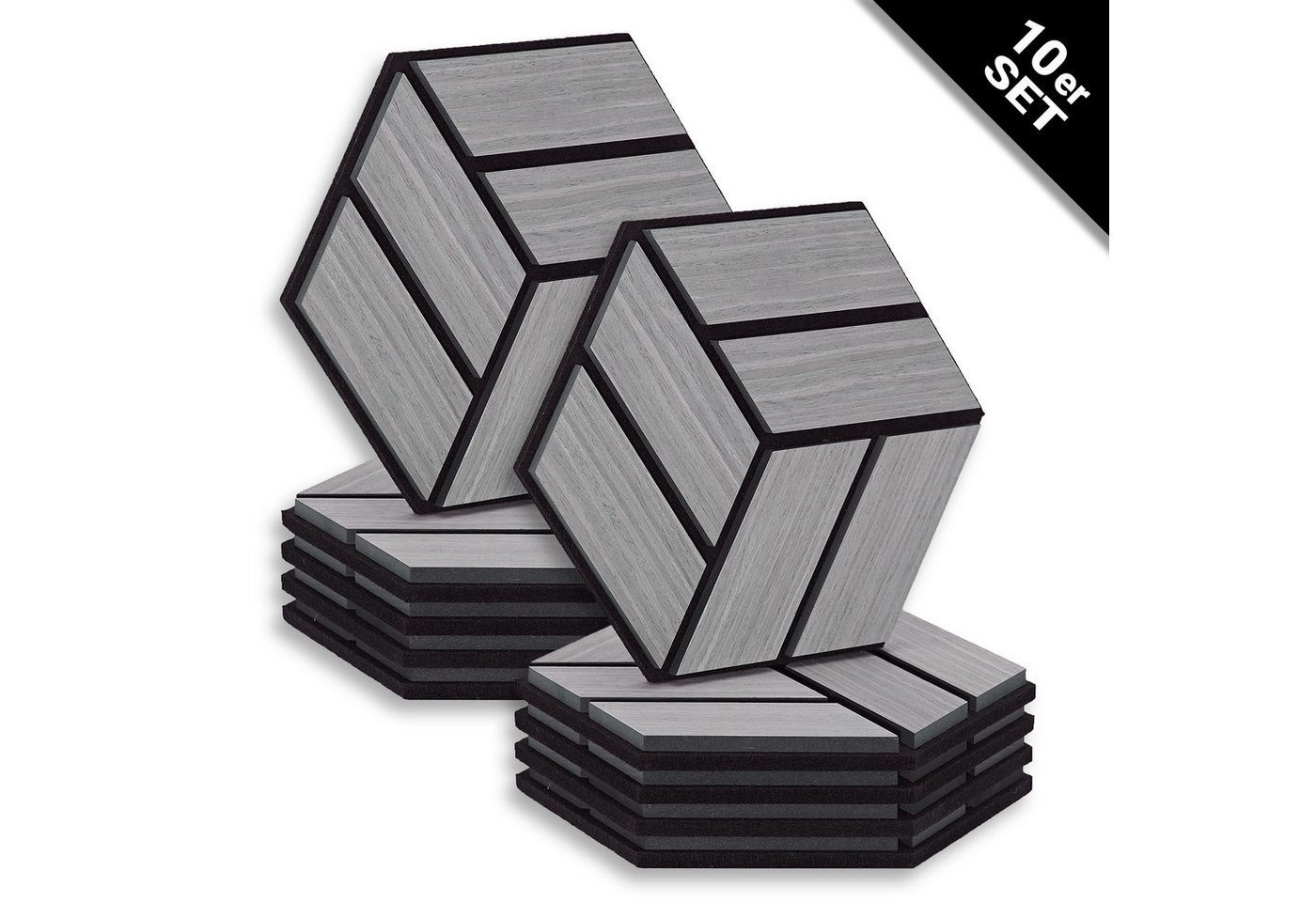 Homestyle4u Wandpaneel je 30x26 Hexagon Akustikpaneele Holz Schallschutz Filz Wand modern, (Set, 10er Set Akustikpaneele, 10-tlg) 3D Akustik Paneel Wandpaneel in Grau zum Kleben oder Bohren von Homestyle4u