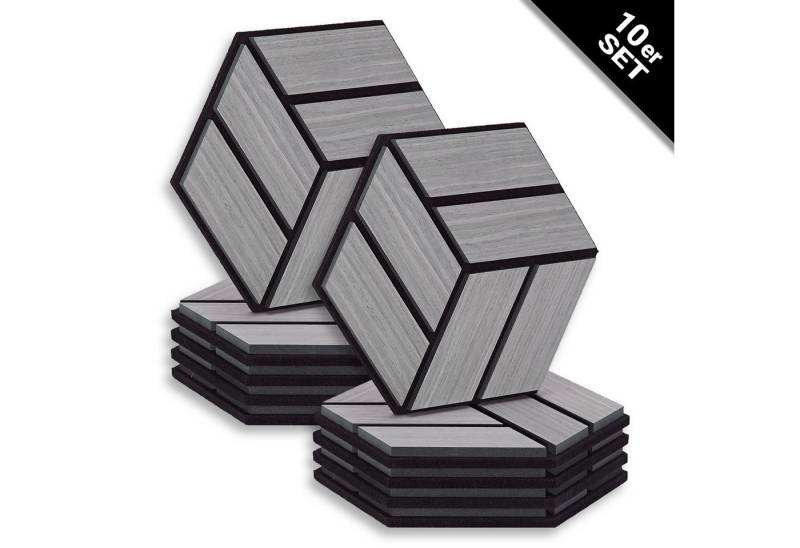 Homestyle4u Wandpaneel je 30x26 Hexagon Akustikpaneele Holz Schallschutz Filz Wand modern, (Set, 10er Set Akustikpaneele, 10-tlg) 3D Akustik Paneel Wandpaneel in Grau zum Kleben oder Bohren von Homestyle4u