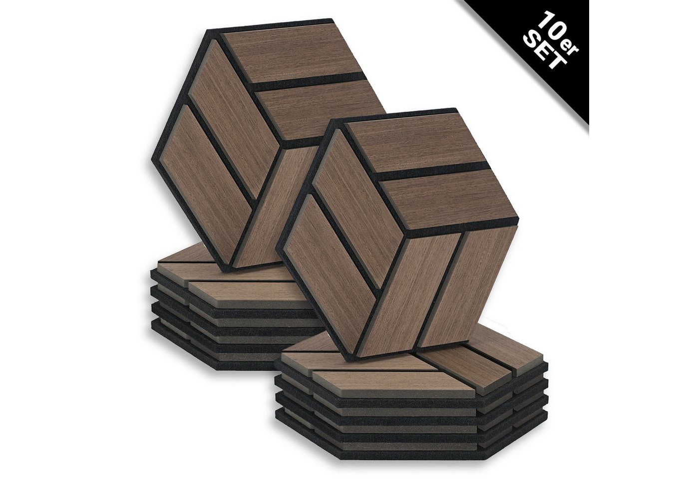Homestyle4u Wandpaneel je 30x26 Hexagon Akustikpaneele Holz Schallschutz Filz Wand modern, (Set, 10er Set Akustikpaneele, 10-tlg) 3D Akustik Paneel Wandpaneel in Walnuss zum Kleben oder Bohren von Homestyle4u