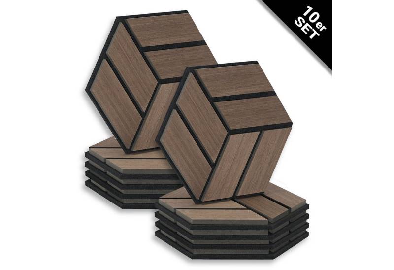 Homestyle4u Wandpaneel je 30x26 Hexagon Akustikpaneele Holz Schallschutz Filz Wand modern, (Set, 10er Set Akustikpaneele, 10-tlg) 3D Akustik Paneel Wandpaneel in Walnuss zum Kleben oder Bohren von Homestyle4u