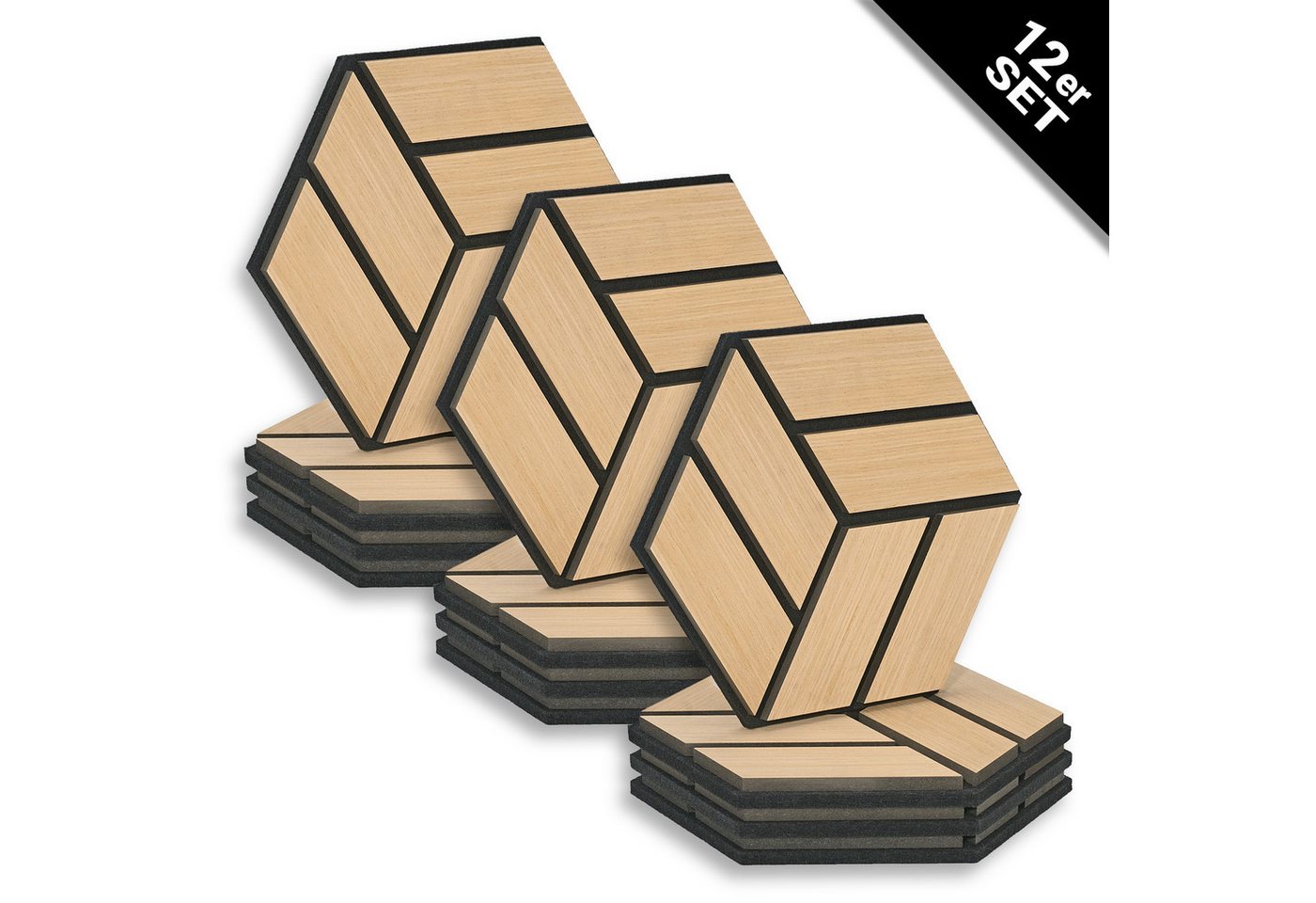 Homestyle4u Wandpaneel je 30x26 Hexagon Akustikpaneele Holz Schallschutz Filz Wand modern, (Set, 12er Set Akustikpaneele, 12-tlg) 3D Akustik Paneel Wandpaneel in Eiche zum Kleben oder Bohren von Homestyle4u