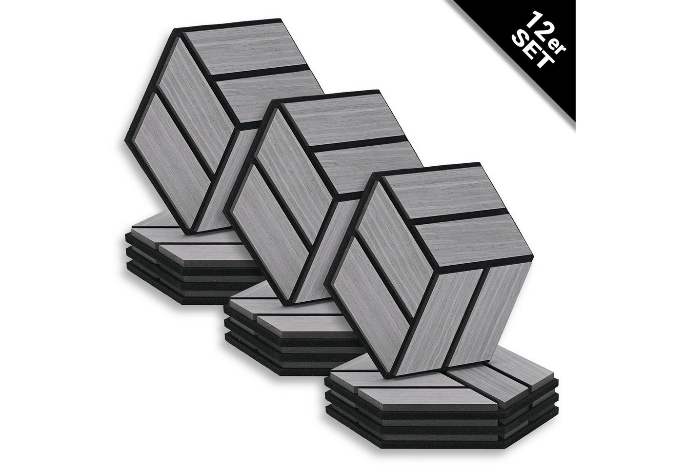 Homestyle4u Wandpaneel je 30x26 Hexagon Akustikpaneele Holz Schallschutz Filz Wand modern, (Set, 12er Set Akustikpaneele, 12-tlg) 3D Akustik Paneel Wandpaneel in Grau zum Kleben oder Bohren von Homestyle4u
