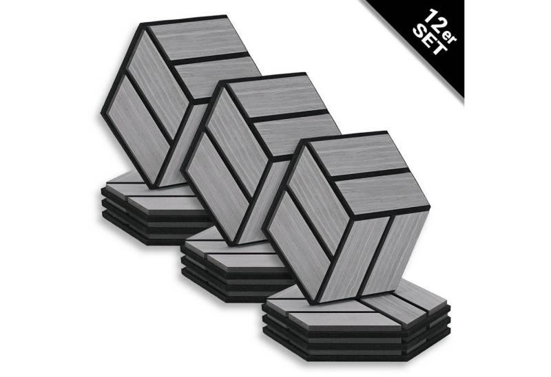 Homestyle4u Wandpaneel je 30x26 Hexagon Akustikpaneele Holz Schallschutz Filz Wand modern, (Set, 12er Set Akustikpaneele, 12-tlg) 3D Akustik Paneel Wandpaneel in Grau zum Kleben oder Bohren von Homestyle4u