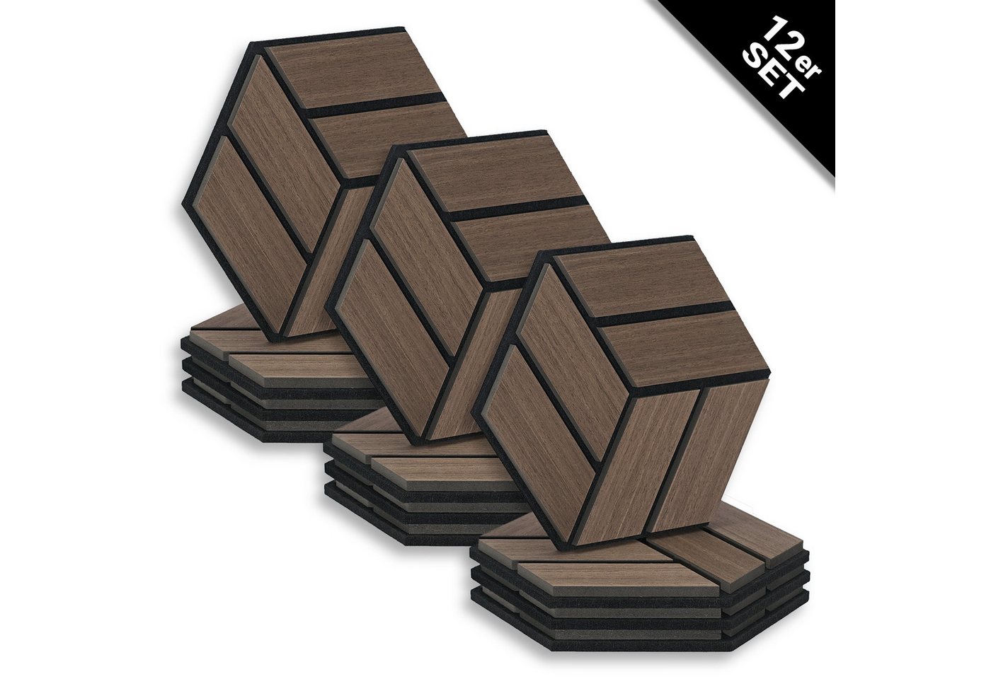 Homestyle4u Wandpaneel je 30x26 Hexagon Akustikpaneele Holz Schallschutz Filz Wand modern, (Set, 12er Set Akustikpaneele, 12-tlg) 3D Akustik Paneel Wandpaneel in Walnuss zum Kleben oder Bohren von Homestyle4u
