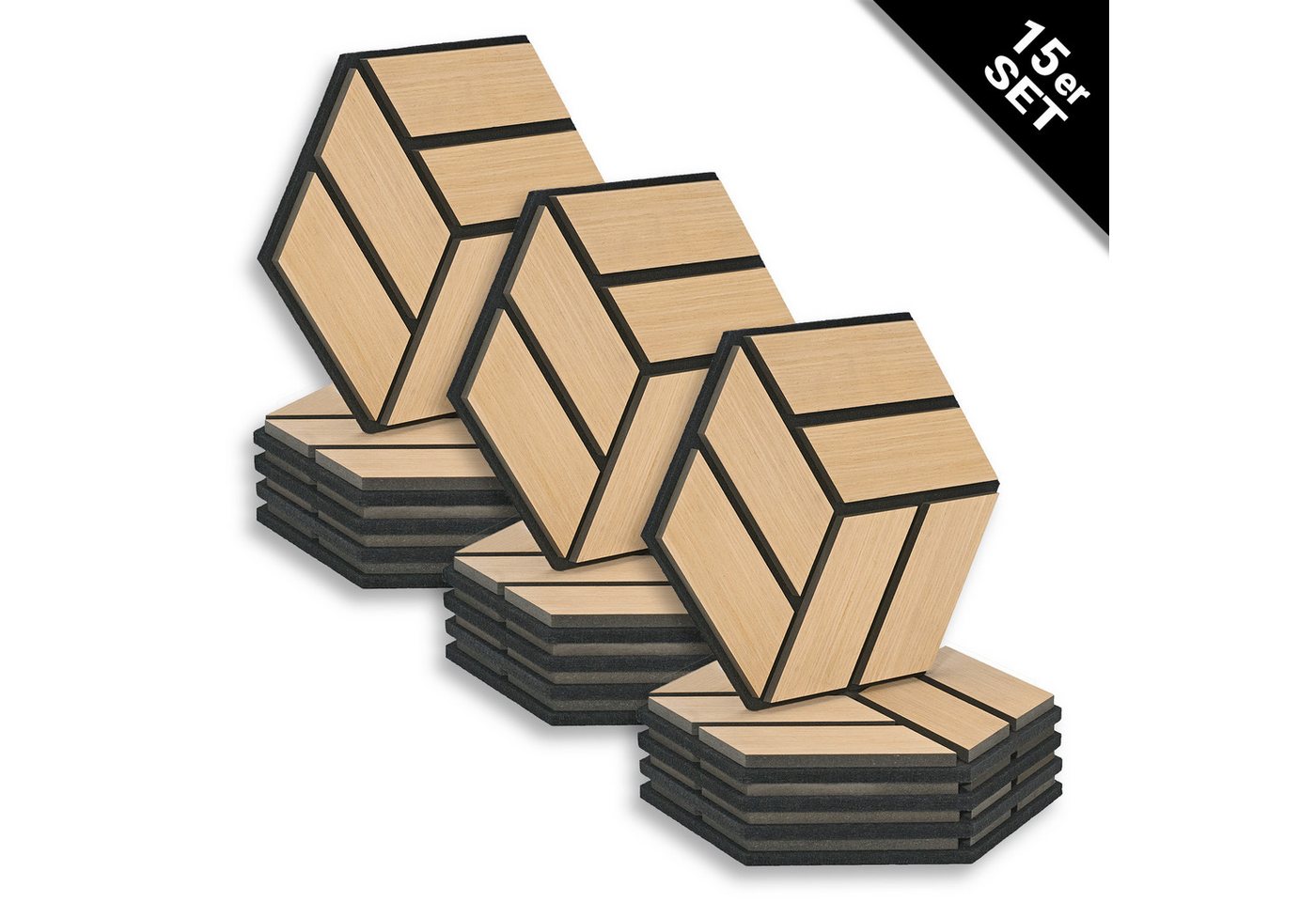 Homestyle4u Wandpaneel je 30x26 Hexagon Akustikpaneele Holz Schallschutz Filz Wand modern, (Set, 15er Set Akustikpaneele, 15-tlg) 3D Akustik Paneel Wandpaneel in Eiche zum Kleben oder Bohren von Homestyle4u