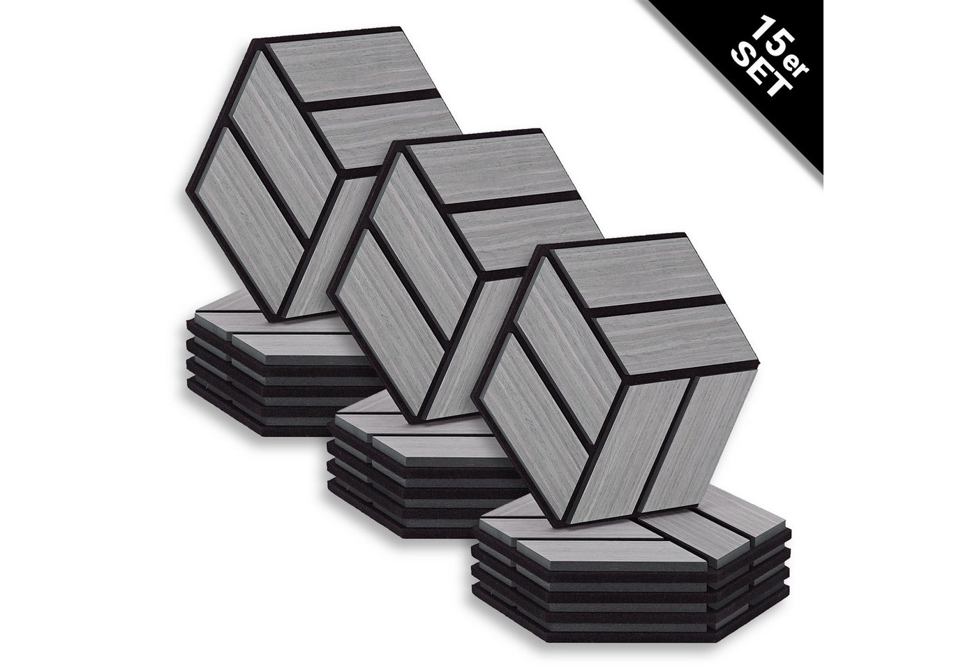 Homestyle4u Wandpaneel je 30x26 Hexagon Akustikpaneele Holz Schallschutz Filz Wand modern, (Set, 15er Set Akustikpaneele, 15-tlg) 3D Akustik Paneel Wandpaneel in Grau zum Kleben oder Bohren von Homestyle4u