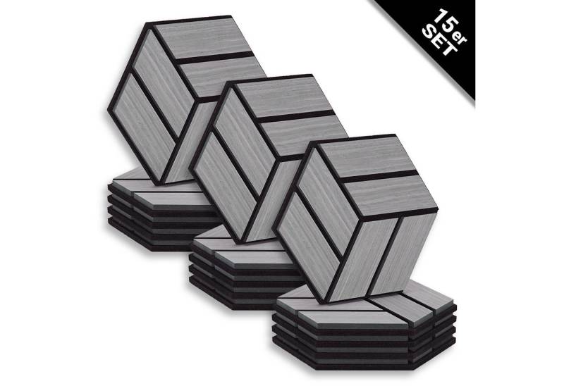 Homestyle4u Wandpaneel je 30x26 Hexagon Akustikpaneele Holz Schallschutz Filz Wand modern, (Set, 15er Set Akustikpaneele, 15-tlg) 3D Akustik Paneel Wandpaneel in Grau zum Kleben oder Bohren von Homestyle4u