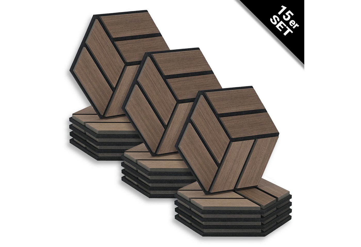 Homestyle4u Wandpaneel je 30x26 Hexagon Akustikpaneele Holz Schallschutz Filz Wand modern, (Set, 15er Set Akustikpaneele, 15-tlg) 3D Akustik Paneel Wandpaneel in Walnuss zum Kleben oder Bohren von Homestyle4u