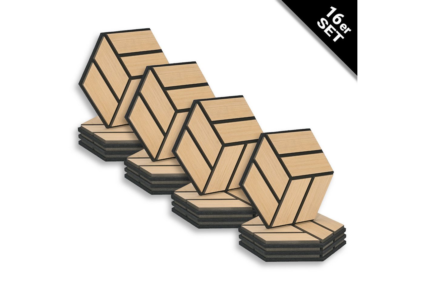 Homestyle4u Wandpaneel je 30x26 Hexagon Akustikpaneele Holz Schallschutz Filz Wand modern, (Set, 16er Set Akustikpaneele, 16-tlg) 3D Akustik Paneel Wandpaneel in Eiche zum Kleben oder Bohren von Homestyle4u