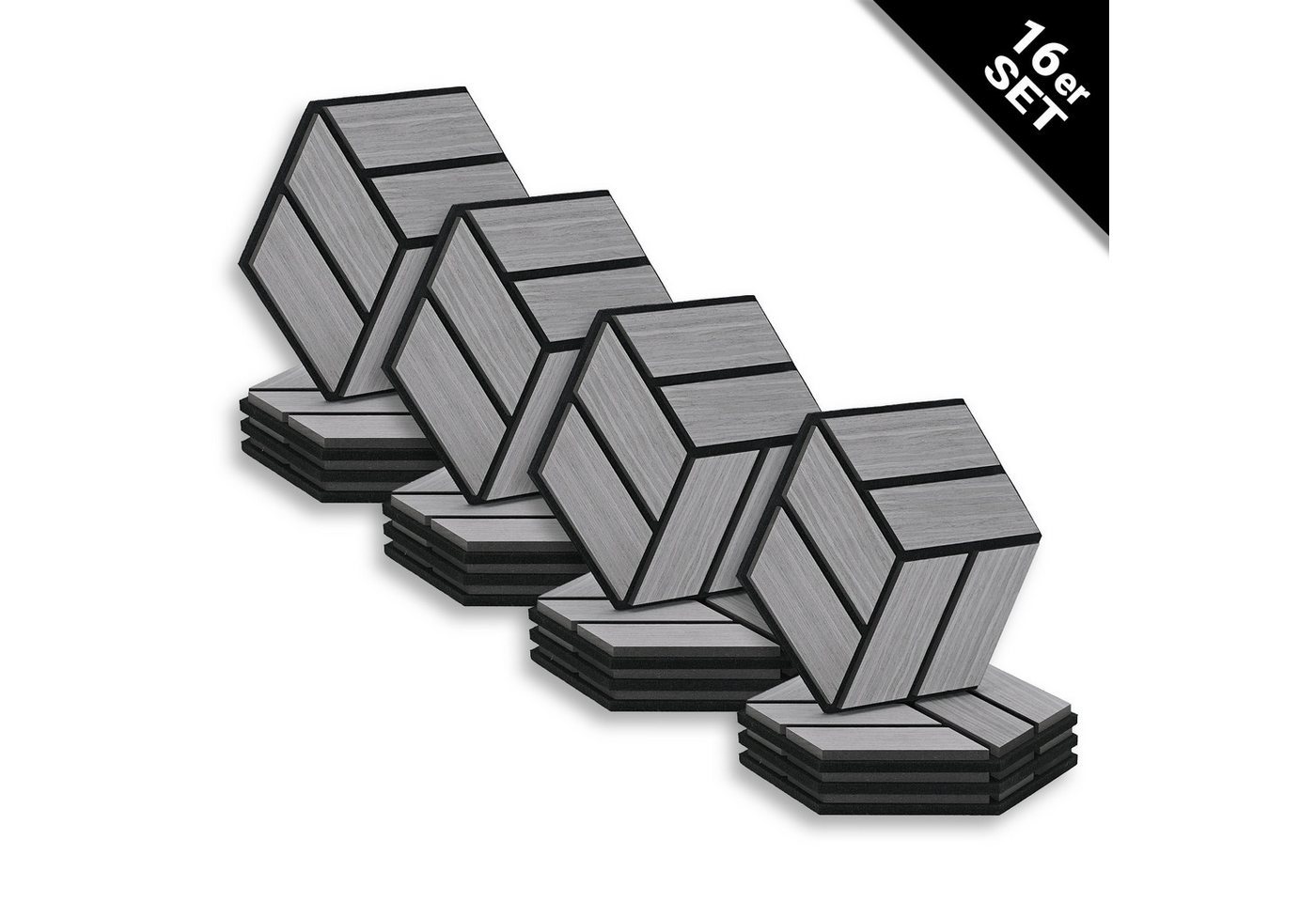 Homestyle4u Wandpaneel je 30x26 Hexagon Akustikpaneele Holz Schallschutz Filz Wand modern, (Set, 16er Set Akustikpaneele, 16-tlg) 3D Akustik Paneel Wandpaneel in Grau zum Kleben oder Bohren von Homestyle4u
