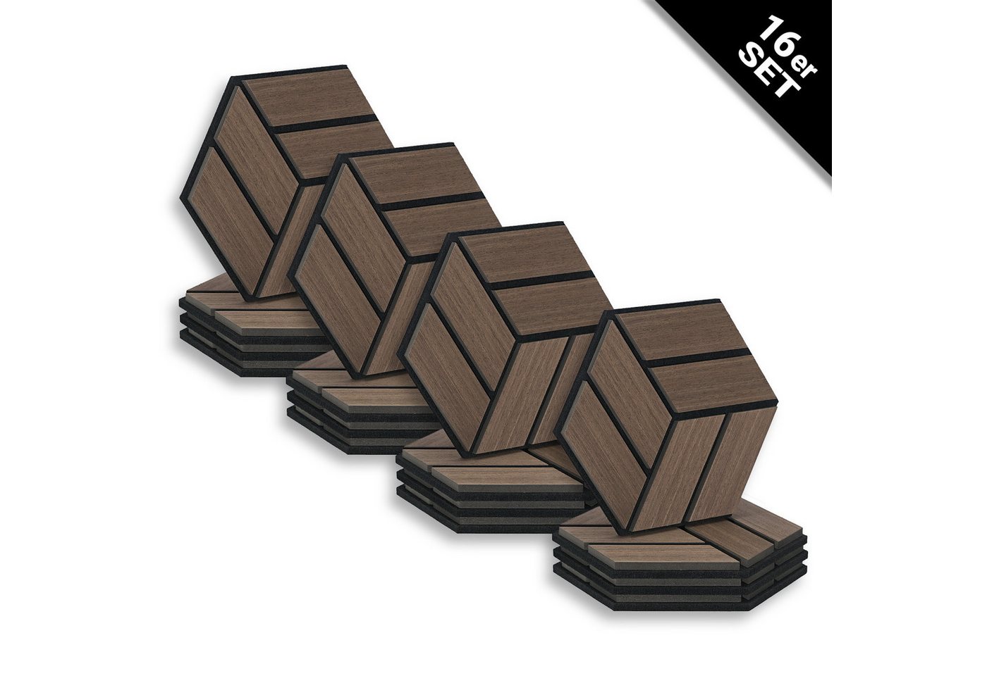 Homestyle4u Wandpaneel je 30x26 Hexagon Akustikpaneele Holz Schallschutz Filz Wand modern, (Set, 16er Set Akustikpaneele, 16-tlg) 3D Akustik Paneel Wandpaneel in Walnuss zum Kleben oder Bohren von Homestyle4u