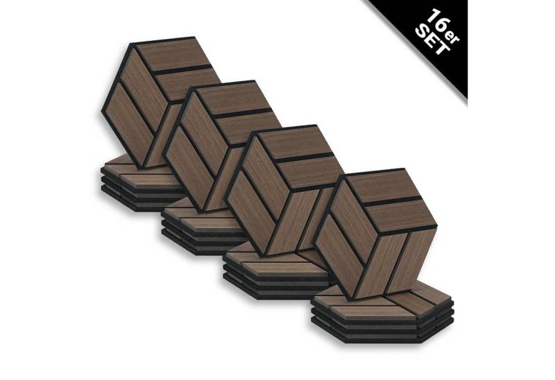 Homestyle4u Wandpaneel je 30x26 Hexagon Akustikpaneele Holz Schallschutz Filz Wand modern, (Set, 16er Set Akustikpaneele, 16-tlg) 3D Akustik Paneel Wandpaneel in Walnuss zum Kleben oder Bohren von Homestyle4u