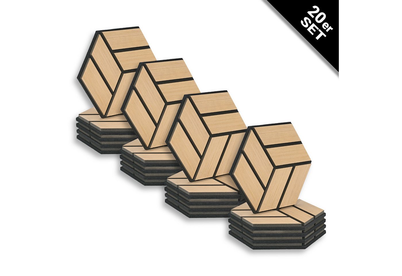 Homestyle4u Wandpaneel je 30x26 Hexagon Akustikpaneele Holz Schallschutz Filz Wand modern, (Set, 20er Set Akustikpaneele, 20-tlg) 3D Akustik Paneel Wandpaneel in Eiche zum Kleben oder Bohren von Homestyle4u