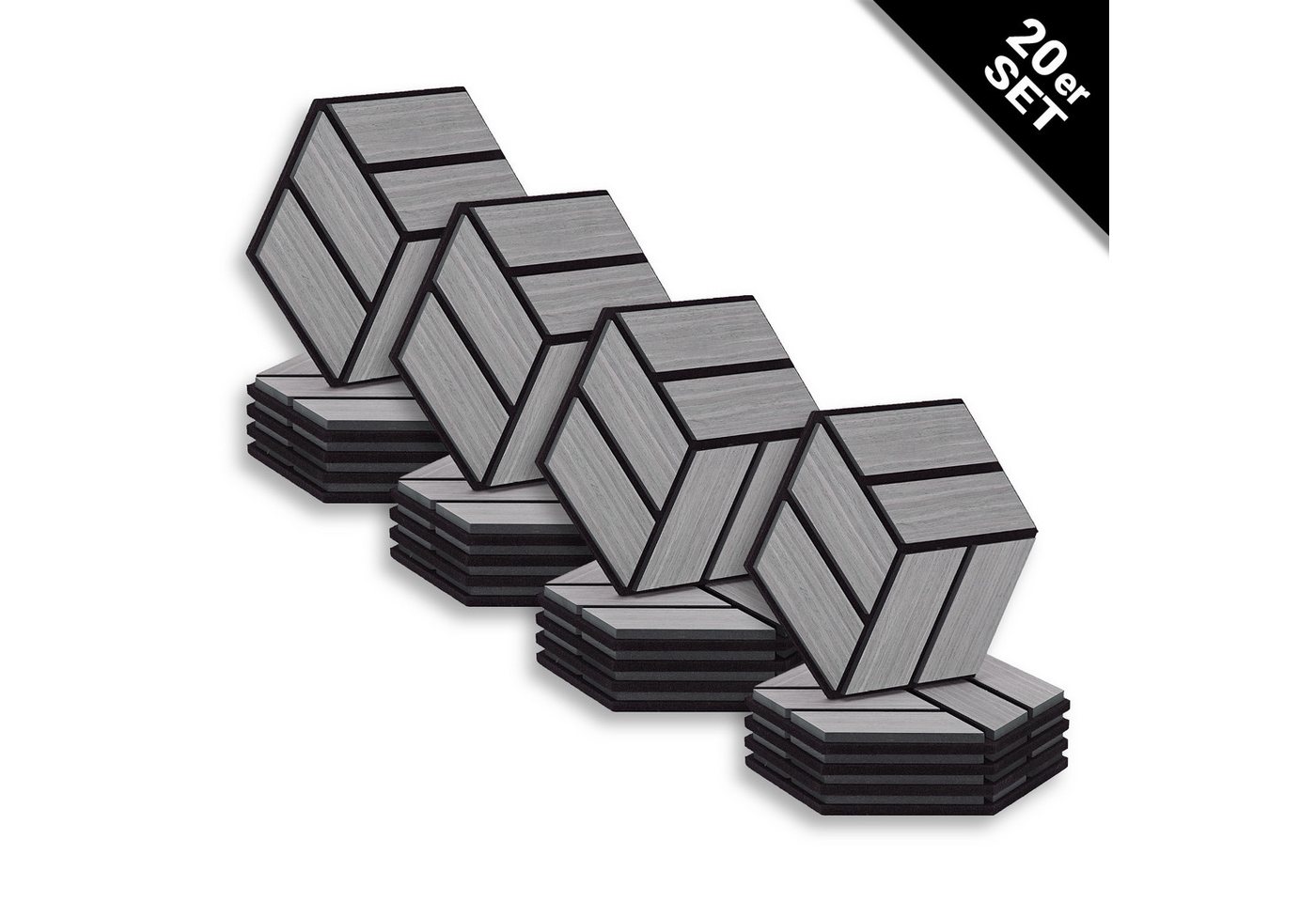 Homestyle4u Wandpaneel je 30x26 Hexagon Akustikpaneele Holz Schallschutz Filz Wand modern, (Set, 20er Set Akustikpaneele, 20-tlg) 3D Akustik Paneel Wandpaneel in Grau zum Kleben oder Bohren von Homestyle4u