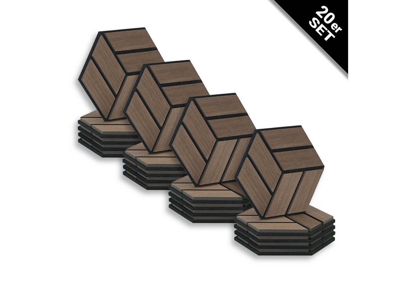 Homestyle4u Wandpaneel je 30x26 Hexagon Akustikpaneele Holz Schallschutz Filz Wand modern, (Set, 20er Set Akustikpaneele, 20-tlg) 3D Akustik Paneel Wandpaneel in Walnuss zum Kleben oder Bohren von Homestyle4u